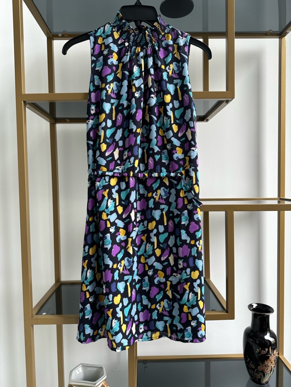 Gibson Black Sleeveless Dress with Turquoise, Purple & Yellow Print